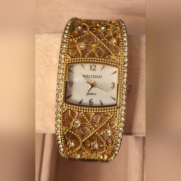 Rare & Working Ladie's Waltham Gold Tone Mother of Pearl Gemmed Cuff Watch - Picture 1 of 4